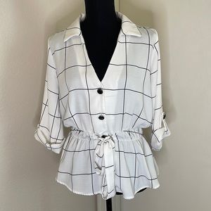 Black and White Tie Front Button Up Top